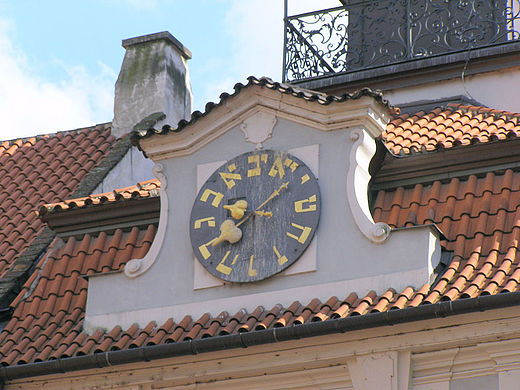The lower clock on the Jewish Town Hall building in Prague, with Hebrew numerals.jpg